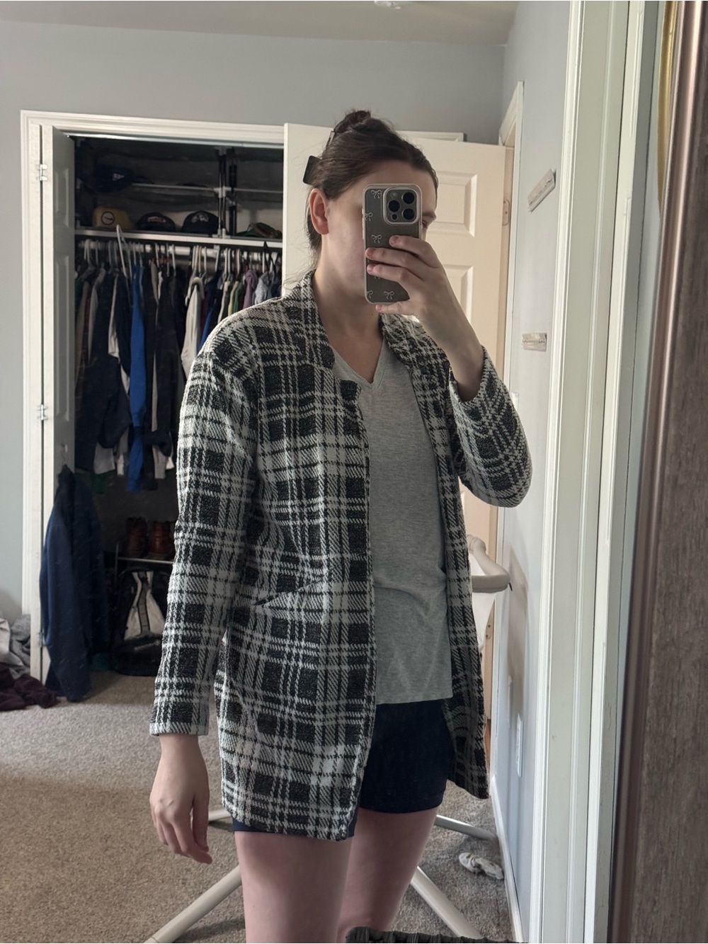 Express Black and White Plaid Open-Front Blazer